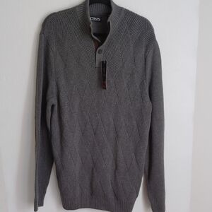 NWT Chaps Mens XL Gray Chunky Knit Sweater Suede Elbow Patches 1/4 Button READ